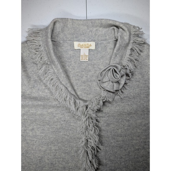 Peck & Peck  100% Pure Cashmere Cardigan Sweater Women's Large Fringe 2 Ply Gray - Picture 6 of 10